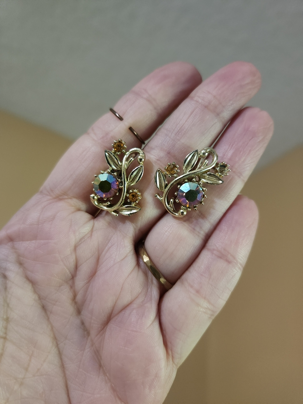 Gold-Tone Floral Crystal Screw-On Earrings - Iridescent Center